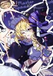  artist_name belt black_belt black_vest blonde_hair book bow bowtie bracelet braid english_text hair_bow hat highres holding jewelry kirisame_marisa mini-hakkero potion purple_bow purple_bowtie purple_ribbon ribbon shirt short_sleeves sssuika touhou vest white_shirt witch_hat yellow_eyes 