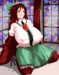  1girl absurdres bird_girl bird_legs bow breasts brown_hair collared_shirt curtains eyebrows_visible_through_hair feathered_wings frilled_shirt_collar frills green_bow hair_bow harpy highres huge_breasts indoors looking_at_viewer monster_girl on_bed red_curtains red_eyes reiuji_utsuho shirt solo stained_glass third_eye touhou white_shirt wings yuki_daruma92 