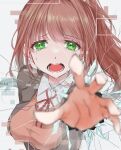  1girl blazer breaking breasts broken broken_glass brown_hair brown_jacket crying doki_doki_literature_club fourth_wall frown glass glitch green_eyes hair_ribbon jacket long_hair looking_at_viewer medium_breasts monika_(doki_doki_literature_club) open_mouth orange_sweater_vest penyukime ponytail pov reaching reaching_out ribbon sad school_uniform screen shatter shattered shattering sweater_vest tears teeth white_ribbon 