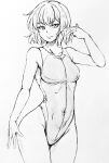  1girl breasts closed_mouth commentary_request covered_navel cowboy_shot d-m_(dii_emu) eyebrows_visible_through_hair eyelashes greyscale happy kazami_yuuka looking_at_viewer monochrome one-piece_swimsuit short_hair small_breasts smile swimsuit touhou traditional_media 