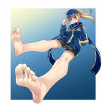  1girl ahoge artoria_pendragon_(fate) barefoot baseball_cap blonde_hair blue_eyes blue_scarf border eiji_(eiji) fate/grand_order fate_(series) feet foot_focus foreshortening hand_in_pocket hat highres long_hair looking_at_viewer mysterious_heroine_x_(fate) ponytail rojiura_satsuki:_chapter_heroine_sanctuary scarf shorts smile soles solo toes white_border 