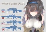  absurdres anger_vein bare_shoulders black_hair blue_eyes breasts eyebrows_visible_through_hair girls&#039;_frontline gun h&amp;k_g28 hairband highres large_breasts long_hair martinreaction mk_12_spr rifle shaded_face silhouette sleeveless smile super_sass super_sass_(girls&#039;_frontline) weapon 