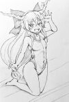  1girl bangs bow breasts commentary_request covered_navel d-m_(dii_emu) greyscale hair_bow horns ibuki_suika kneeling long_hair looking_at_viewer monochrome one-piece_swimsuit open_mouth small_breasts swimsuit tied_hair touhou traditional_media very_long_hair 