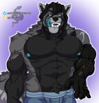  2021 ailurid anthro areola bedroom_eyes black_body black_fur black_hair black_markings black_nose blue_areola blue_eyes body_hair boxers_(clothing) bulge clothed clothing digital_media_(artwork) fangs fur grey_body grey_fur hair happy_trail hi_res inner_ear_fluff looking_at_viewer male mammal markings morgan_gorgon multicolored_body muscular muscular_anthro muscular_male narrowed_eyes neck_tuft open_mouth open_smile partially_clothed pecs pubes red_panda robotic_arm seductive shaded sharp_teeth smile solo standing teeth tongue tongue_out topless tuft underwear 