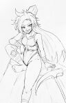  1girl arm_strap arm_support barefoot breasts collarbone commentary_request covered_navel d-m_(dii_emu) greyscale himemushi_momoyo leg_strap long_hair medium_breasts monochrome pickaxe sharp_teeth shovel swimsuit teeth toes touhou traditional_media very_long_hair 