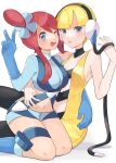  2girls ;d arm_around_waist bangs blonde_hair blue_eyes blue_footwear blue_gloves blue_jacket blue_shorts blunt_bangs boots cable cropped_jacket elesa_(pokemon) gloves hair_ornament hand_up headphones highres jacket looking_at_viewer midriff multiple_girls navel one_eye_closed one_side_up open_mouth pokemon pokemon_(game) pokemon_bw red_hair ririmon short_hair short_hair_with_long_locks short_shorts shorts sidelocks sitting skyla_(pokemon) smile symbol-only_commentary teeth thigh_pouch tongue turtleneck upper_teeth v white_background 