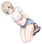  1girl :d aa211108 bare_legs black_bra blush bra bra_visible_through_clothes denim denim_shorts dutch_angle full_body grey_hair grin hair_between_eyes head_tilt idolmaster idolmaster_cinderella_girls looking_at_viewer navel shiomi_syuko shirt shirt_rolled_up shoes short_hair short_shorts short_sleeves shorts simple_background smile sneakers solo squatting tied_shirt underwear white_background white_shirt 