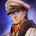  1boy bangs blue_eyes grey_headwear grey_jacket hair_behind_ear hair_between_eyes hat highres jacket looking_to_the_side macross macross_7 male_focus maximilian_jenius military military_hat military_uniform official_art ponytail portrait solo tenjin_hidetaka uniform 