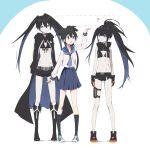  3girls :d ? bangs bikini black_bikini black_footwear black_hair black_jacket black_legwear black_rock_shooter:_dawn_fall black_rock_shooter_(character) black_shorts blue_background blue_eyes blue_footwear blue_hair blue_neckwear blue_sailor_collar blue_skirt boots character_request closed_mouth commentary_request eyebrows_visible_through_hair front-tie_bikini front-tie_top hair_between_eyes height_difference highres hood hood_down hooded_jacket jacket knee_boots kneehighs long_sleeves multicolored_hair multiple_girls open_clothes open_jacket pale_skin pleated_skirt ponytail puffy_long_sleeves puffy_sleeves sailor_collar scar school_uniform serafuku shirt shoes short_shorts shorts skirt smile standing swimsuit tama_(tama-s) twintails two-tone_background two-tone_hair white_background white_shirt 