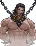  1boy abs amo_(amo9612) bara beard biceps black_hair blue_eyes chain collar facial_hair gauntlets hand_on_back large_pectorals league_of_legends long_hair looking_at_viewer male_focus manly muscular muscular_male navel navel_hair nipples nude pectorals scar scar_on_arm scar_on_chest scar_on_stomach solo sylas_(league_of_legends) thick_arms upper_body 