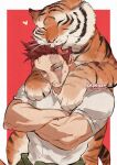  1boy animal_on_shoulder beard blue_eyes boku_no_hero_academia border burn_scar crossed_arms endeavor_(boku_no_hero_academia) facial_hair frown green_jumpsuit heart jumpsuit jumpsuit_around_waist kadeart licking licking_another&#039;s_head male_focus mature_male muscular muscular_male mustache narrowed_eyes outside_border red_background red_hair scar scar_across_eye scar_on_cheek scar_on_face scar_on_mouth shirt sideburns solo spiked_hair stubble t-shirt tied_sleeves tiger twitter_username two-tone_background upper_body white_border white_shirt 