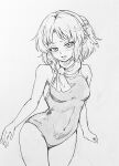  1girl bangs blush breasts commentary_request covered_navel cowboy_shot d-m_(dii_emu) eyebrows_visible_through_hair greyscale looking_at_viewer mizuhashi_parsee monochrome one-piece_swimsuit open_mouth pointy_ears small_breasts swimsuit touhou traditional_media 