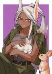  1girl animal animal_ears bangs belt boku_no_hero_academia border breasts bunny dark-skinned_female dark_skin green_pants green_shirt grey_shirt holding holding_animal kadeart light_blush long_eyelashes long_hair looking_at_animal mirko muscular muscular_female outside_border pants ponytail popped_collar purple_background rabbit_ears rabbit_girl rabbit_tail red_eyes shirt shirt_on_shoulders sleeping_animal solo tail tank_top twitter_username two-tone_background white_border white_hair 