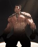  1boy abs amo_(amo9612) bara biceps black_eyes black_hair blood censored chain collar cuffs darius_(league_of_legends) fang handcuffs injury kneeling large_pectorals league_of_legends looking_at_viewer male_focus manly muscular muscular_male navel nipples nude pectorals scar scar_across_eye scar_on_arm scar_on_chest scar_on_face scar_on_stomach solo sweat sweatdrop thick_arms thick_eyebrows veins veiny_arms 