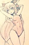  1girl arms_behind_head arms_up bow breasts commentary_request covered_navel cowboy_shot d-m_(dii_emu) eyebrows_visible_through_hair eyelashes greyscale hair_bow ibuki_suika long_hair looking_at_viewer monochrome one-piece_swimsuit small_breasts swimsuit tied_hair touhou traditional_media very_long_hair 