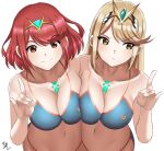  2girls alternate_costume arcedo asymmetrical_docking bangs bikini blonde_hair blue_bikini breast_press breasts chest_jewel cleavage closed_mouth collarbone cosplay eyebrows_visible_through_hair fox_shadow_puppet from_above gem headpiece highres large_breasts long_hair looking_at_viewer looking_away multiple_girls mythra_(xenoblade) navel pout pyra_(xenoblade) red_eyes red_hair short_hair side-by-side sidelocks signature simple_background smile swept_bangs swimsuit tamamo_(fate) tamamo_no_mae_(swimsuit_lancer)_(fate) tamamo_no_mae_(swimsuit_lancer)_(fate)_(cosplay) tiara xenoblade_chronicles_(series) xenoblade_chronicles_2 yellow_eyes 
