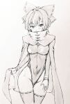  1girl bow breasts cape cloak commentary_request competition_swimsuit covered_navel d-m_(dii_emu) greyscale hair_bow medium_breasts monochrome one-piece_swimsuit ribbon-trimmed_legwear ribbon_trim sekibanki short_hair swimsuit thighhighs touhou 