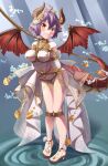  bare_legs bare_shoulders bdsm bondage bound breasts brown_wings dragon_girl dragon_horns dragon_tail dragon_wings dress full_body gag gold granblue_fantasy grea_(shingeki_no_bahamut) high_heels highres horns large_breasts leaning_forward looking_at_viewer mukanata pointy_ears purple_hair red_eyes restrained shingeki_no_bahamut short_hair showgirl_skirt sideboob sideless_outfit tail tied_breast tied_up_(nonsexual) toes wings 
