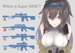  1girl ? absurdres bare_shoulders black_hair blue_eyes breasts eyebrows_visible_through_hair girls&#039;_frontline gun h&amp;k_g28 hairband highres large_breasts long_hair martinreaction mk_12_spr mole mole_under_eye rifle silhouette sleeveless solo super_sass super_sass_(girls&#039;_frontline) weapon 