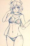  1girl bikini breasts cleavage commentary cowboy_shot d-m_(dii_emu) greyscale hat letty_whiterock looking_at_viewer medium_breasts midriff monochrome navel scarf side-tie_bikini stomach swimsuit touhou traditional_media 