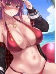  1girl adjusting_clothes adjusting_headwear bangs bikini blue_sky blush breasts closed_mouth cloud cloudy_sky collarbone day earrings eyebrows_visible_through_hair fingernails hand_up heterochromia highres hololive houshou_marine jacket jewelry long_sleeves looking_at_viewer medium_breasts moisture_(chichi) navel necklace off_shoulder open_clothes open_jacket outdoors shiny shiny_hair shiny_skin sidelocks simple_background sky solo stomach swimsuit virtual_youtuber water water_drop wet 