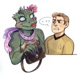  ... bag fangdangler gorn_(species) human james_t._kirk kessavel lipstick makeup male mammal simple_background solo star_trek star_trek_the_original_series starfleet_uniform 