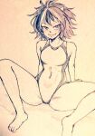  1girl breasts commentary_request covered_navel cowboy_shot d-m_(dii_emu) eyebrows_visible_through_hair eyelashes greyscale horns kijin_seija looking_at_viewer monochrome multicolored_hair one-piece_swimsuit streaked_hair swimsuit touhou traditional_media 