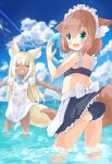  2girls absurdres animal_ear_fluff animal_ears apron arms_up ass ball beachball bikini bikini_under_clothes black_bikini black_skirt blonde_hair blush bow bow_panties brown_hair closed_eyes clothes_lift cloud dark-skinned_female dark_skin dog_ears dog_girl dog_tail dress fox_ears fox_girl fox_tail green_eyes highres lifted_by_self long_hair looking_back maid maid_headdress manabe_mana multiple_girls ocean open_mouth original outdoors outstretched_arms panties see-through short_hair short_sleeves skirt skirt_lift sky smile sundress swimsuit tail tail_lift thighs underwear wading waist_apron water wet wet_clothes wet_dress white_apron white_dress white_panties 