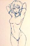  1girl arms_behind_head breasts commentary covered_navel cowboy_shot d-m_(dii_emu) embarrassed eyebrows_visible_through_hair eyelashes greyscale highleg highleg_leotard kazami_yuuka leotard looking_at_viewer monochrome short_sleeves touhou traditional_media 