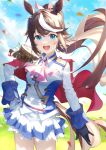  1girl absurdres animal_ears blue_eyes brown_hair cloud commentary_request confetti gloves hair_between_eyes hair_ornament highres horse_ears horse_girl long_hair open_mouth ponytail sky solo tokai_teio_(umamusume) umamusume uniform wannatchears 