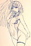  1girl braid breasts commentary_request covered_mouth covered_navel d-m_(dii_emu) eyebrows_visible_through_hair eyelashes feathered_wings french_braid greyscale kishin_sagume looking_at_viewer monochrome one-piece_swimsuit short_hair single_wing small_breasts swimsuit touhou traditional_media wings 