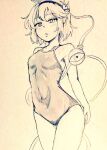  1girl breasts commentary_request covered_navel d-m_(dii_emu) eyeball eyebrows_visible_through_hair eyelashes greyscale hairband horns komeiji_satori looking_at_viewer monochrome one-piece_swimsuit short_hair swimsuit third_eye touhou traditional_media 
