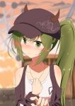  1girl anshan_(azur_lane) anshan_(setting_sun_hearts_as_one)_(azur_lane) azur_lane blue_headwear blue_jacket blush closed_mouth commentary_request dress green_eyes green_hair hat horns jacket long_hair official_alternate_costume ponytail smile solo toro_yurei white_dress 