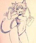 1girl animal_ears braid breasts cat_ears cat_tail claw_pose commentary_request covered_navel cowboy_shot d-m_(dii_emu) extra_ears eyebrows_visible_through_hair eyelashes greyscale kaenbyou_rin long_hair looking_at_viewer monochrome multiple_tails nekomata one-piece_swimsuit open_mouth small_breasts swimsuit tail touhou traditional_media twin_braids two_tails 