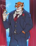  5_fingers anthro belt cigar clothed clothing disney dress_shirt felid fingers fur hand_in_pocket hi_res holding_cigar holding_object looking_aside male mammal necktie open_mouth orange_body orange_fur pantherine pockets shere_khan shirt smoking solo suit talespin tiger topwear vhkansfweer whiskers white_body white_clothing white_fur white_shirt white_topwear 