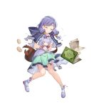  1girl belt belt_pouch child fire_emblem fire_emblem:_path_of_radiance fire_emblem_heroes full_body hair_ornament haru_(hiyori-kohal) highres hood ilyana_(fire_emblem) long_hair non-web_source official_art pouch purple_eyes purple_hair short_sleeves skirt solo tied_hair transparent_background 