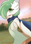  ambiguous_gender clothing digital_media_(artwork) eyelashes flat_chested gardevoir green_clothing green_eyes hair hi_res lia looking_at_viewer nintendo open_mouth pok&eacute;mon pok&eacute;mon_(species) scarf slim smile solo spots video_games white_body winkyfaces 
