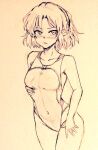  1girl blush bow breasts closed_mouth commentary covered_navel cowboy_shot d-m_(dii_emu) embarrassed eyebrows_visible_through_hair eyelashes greyscale leaning_forward looking_at_viewer monochrome one-piece_swimsuit pointy_ears short_hair small_breasts swimsuit touhou traditional_media 