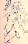  1girl bodysuit breasts closed_mouth commentary covered_navel d-m_(dii_emu) greyscale high_heels long_hair looking_at_viewer metroid mixed-language_commentary monochrome ponytail samus_aran serious skin_tight small_breasts traditional_media zero_suit 