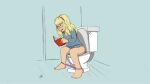  1girl adictreader barefoot bernadette_rostenkowski-wolowitz blonde_hair brown_eyes glasses highres non-web_source panties panty_pull reading the_big_bang_theory toilet toilet_use underwear yellow_nails 