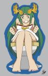  1girl absurdres adictreader barefoot clenched_hand green_eyes green_hair highres kid_icarus non-web_source palutena pink_nails sitting toilet toilet_use 