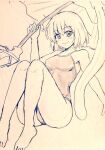  1girl bare_legs barefoot breasts commentary_request covered_navel d-m_(dii_emu) eyebrows_visible_through_hair eyelashes greyscale looking_at_viewer monochrome one-piece_swimsuit open_mouth short_hair small_breasts swimsuit tatara_kogasa touhou traditional_media umbrella 