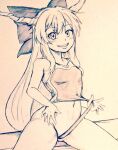  1girl breasts clothes_lift commentary_request d-m_(dii_emu) eyebrows_visible_through_hair eyelashes greyscale horns ibuki_suika long_hair looking_at_viewer midriff monochrome navel one-piece_swimsuit oni_horns sitting small_breasts stomach swimsuit touhou traditional_media 