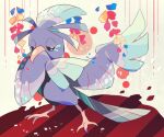  akadako animal_focus arm_up bird blue_flower blue_sclera colored_sclera commentary_request dated_commentary feathered_wings flower full_body half-closed_eyes hand_up looking_at_viewer no_humans one-hour_drawing_challenge oricorio oricorio_(sensu) partial_commentary pokemon pokemon_(creature) red_flower solo standing white_eyes wings yellow_background yellow_flower 