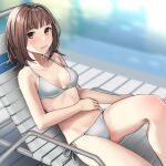  1girl absurdres beach_chair bikini blush breasts brown_hair cameltoe groin hand_on_own_stomach highres i&quot;s looking_at_viewer medium_hair navel reclining side-tie_bikini siosiosolty small_breasts solo strap_gap swimsuit thighs yoshizuki_iori 