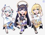  3girls :3 :d animal_ears asymmetrical_legwear bangs black_legwear blonde_hair bloop_(gawr_gura) blue_eyes blue_skirt boots bow bubba_(watson_amelia) character_badge fang fish_tail gawr_gura glowstick gold_trim gradient gradient_legwear hair_bow hair_ornament halo hayate_fish highres holding_glowstick hololive hololive_english layered_skirt leg_garter leg_up long_hair low_wings mismatched_legwear mole mole_under_eye monocle_hair_ornament multicolored_clothes multicolored_skirt multiple_girls ninomae_ina&#039;nis open_mouth purple_hair red_bow shark_tail sharp_teeth shirt short_hair sidelocks simple_background single_thighhigh skirt smile standing standing_on_one_leg tail tako_(ninomae_ina&#039;nis) teeth tentacle_hair thighhighs two_side_up v_over_eye very_long_hair virtual_youtuber watson_amelia white_footwear white_hair white_shirt white_skirt white_wings wings yellow_legwear 