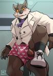  anthro blush boxers_(clothing) canid canine canis clothing dreamworks genitals h155296 hi_res male mammal mr._wolf_(the_bad_guys) penis penis_through_leghole poking_out solo the_bad_guys underwear wolf 