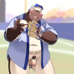  2022 absurd_res anthro ball balls baseball_(ball) baseball_(sport) baseball_cap baseball_field baseball_glove belly big_belly black_nose blush brown_body clothing dokyudokyu1 flaccid genitals hat headgear headwear hi_res humanoid_genitalia humanoid_hands humanoid_penis kemono male mammal navel outside overweight overweight_male penis pubes solo sport ursid 