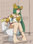  1girl adictreader barefoot embarrassed green_eyes green_hair kid_icarus lowres non-web_source palutena panties panty_pull pink_nails toilet toilet_use underwear 