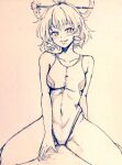  1girl breasts commentary covered_navel d-m_(dii_emu) eyebrows_visible_through_hair eyelashes greyscale hair_ornament hair_rings hair_stick kaku_seiga looking_at_viewer medium_breasts monochrome one-piece_swimsuit sitting swimsuit touhou traditional_media wariza 